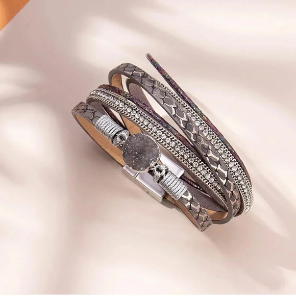 Bohemian Gray Faux Leather Layered Wrap Bracelet - Picture 6 of 6